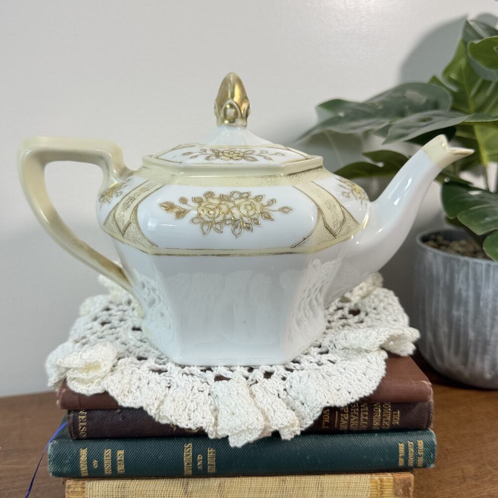 Antique Noritake Handpainted Japan Teapot Gold Floral Cream Trim M Mark Early